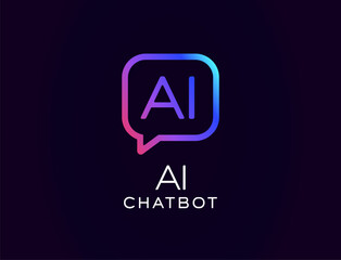 AI chatbot logo with speech bubble icon, futuristic digital assistant concept. Tech startup branding, app interface design. Flat minimal neon vector illustration