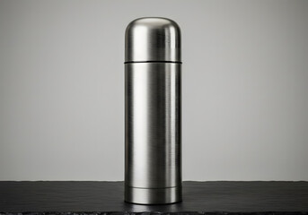 Stainless Steel Thermos Bottle with Secure Cap on Dark Surface, Designed for Hot and Cold Beverage Retention