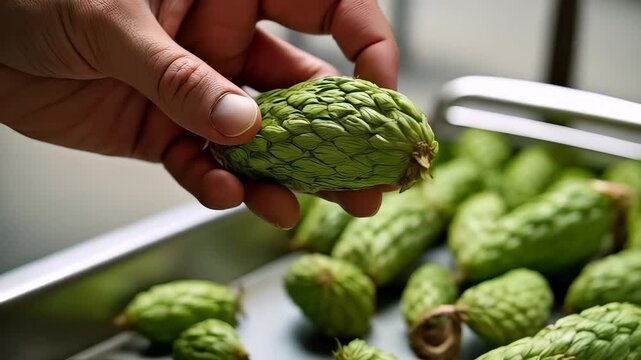 Craft brewer selects hop cones. The Caucasian hand of a brewer checking the hop cones, key ingredient for beer production, for brewing.