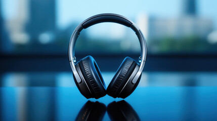 Sleek wireless headphones are positioned neatly on a glossy surface. The background features abstract shapes with softened details, suggesting a city skyline under bright daylight