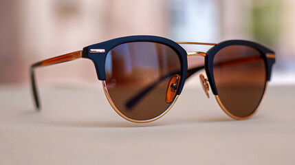 These fashionable sunglasses feature a sleek frame with a combination of dark and golden hues. The lenses offer a warm brown tint, perfect for sunny days outdoors