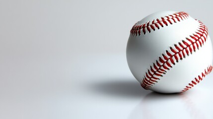 A baseball is placed on a smooth surface, showcasing its classic white exterior and red stitching. The lighting highlights the details, capturing its texture and shape