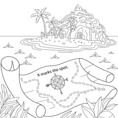 An adventure awaits with a treasure map leading to a deserted island complete with palm trees for an exciting quest