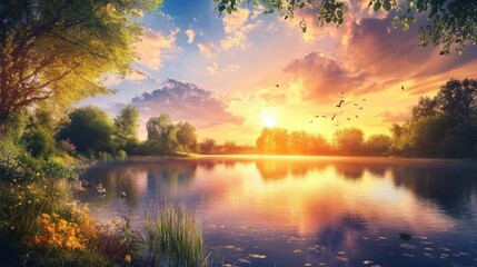 Serene Sunset Over Calm Lake Surrounded by Lush Greenery