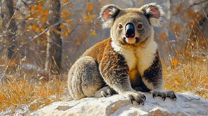 A stunning and detailed image of a majestic koala resting on a snow covered rock in nature.
