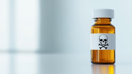 Obraz premium A dark amber vial sits upright on a glossy surface, featuring a prominent skull and crossbones symbol. The background is bright and airy, suggesting a clinical or laboratory setting