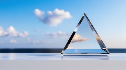 A clear glass prism stands on a flat surface, reflecting the blue sky and fluffy clouds above the ocean. The sunlight casts intricate shadows, creating a captivating visual effect