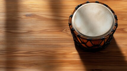 A round drum sits on a polished wooden floor, illuminated by gentle morning light. The surface reflects the warm tones of the wood, creating a serene atmosphere