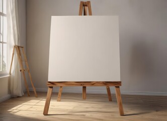 Rustic wooden easel legs supporting a large blank canvas ,  art supplies,  close-up,  support