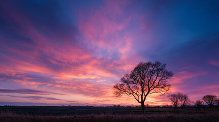 Fototapeta premium A silhouette of a tree against a vibrant sunset sky with pink and purple hues and wispy clouds