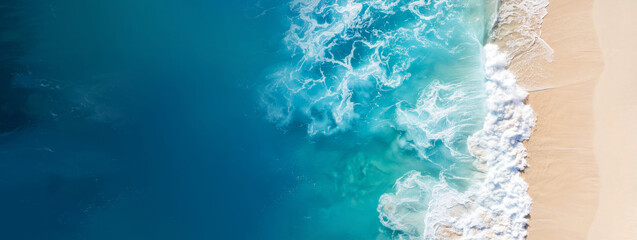 Turquoise ocean waves crashing on sandy beach, aerial view of paradise