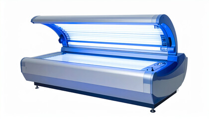 Modern tanning bed emitting bright blue light on white background
