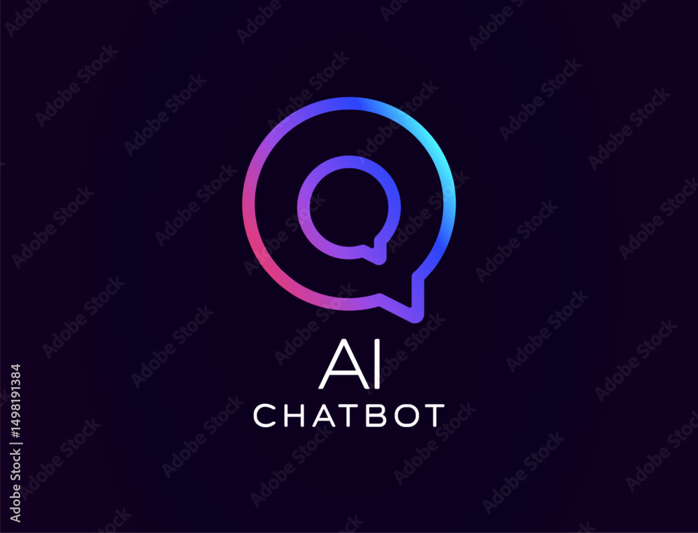 Poster AI chatbot logo with layered chat bubbles and gradient glow, symbolizing smart conversation. Ideal for messaging apps, customer support tools, virtual assistants. Vector illustration.