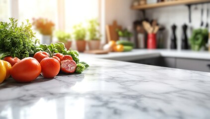 Fresh Tomatoes and Herbs on Marble Kitchen Counter