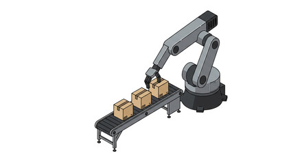 Automated Efficiency Robotic Arm Handling Boxes on Conveyor Belt in a Modern Factory setting System