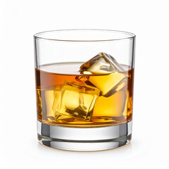 Glass of whiskey with ice cubes on white background