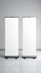 Two blank roll up banners standing in a bright room