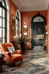 Elegant hallway with modern decor featuring a cozy red chair and plants