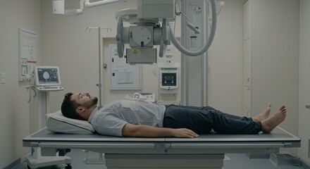 Fototapeta premium Radiological Examination: A patient undergoes a medical examination, lying on a table beneath diagnostic equipment within a contemporary medical setting.