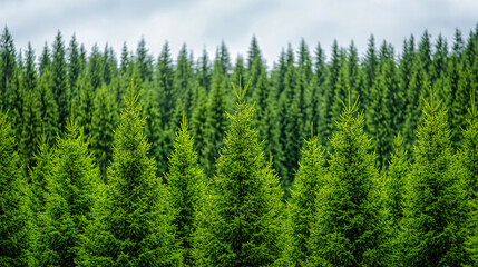 Fototapeta premium Lush green forest canopy stretches towards a cloudy sky highlighting the beauty of nature in summertime.