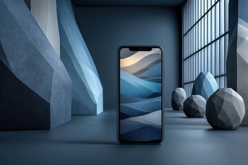 Modern smartphones displaying artistic abstract wallpapers with wavy minimalist designs