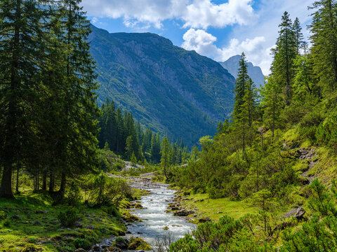 The valley Lechtal near Mitteregg in the Lechtal Alps Mt. Heiterwand in the background. Central Europe, Austria, Tyrol