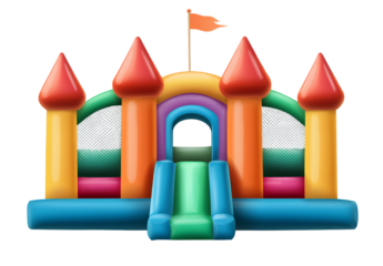 Inflatable bouncy castle, colorful with a transparent background.