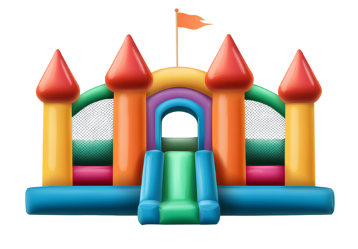 Inflatable bouncy castle, colorful with a transparent background.