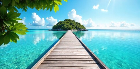 Obraz premium Serene island dock extending into calm turquoise water, sunlight reflecting on the tranquil surface Perfect for travel, vacation, or coastal themed projects , turquoise, sea