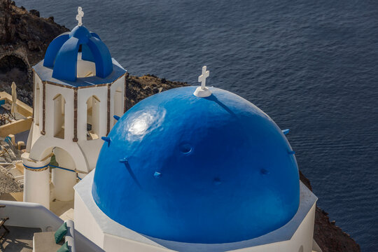 View of Blue Domes, Santorini, Greece