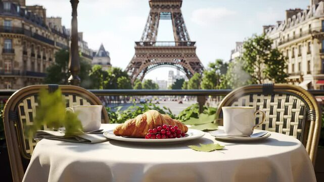 Enjoying breakfast with a view of the Eiffel Tower in charming Paris on a sunny morning
