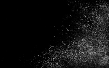 White powder isolated on black background, top view with clipping path	