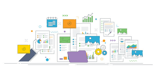 Digital content document and data management, graphs report, videos, photos, folders.