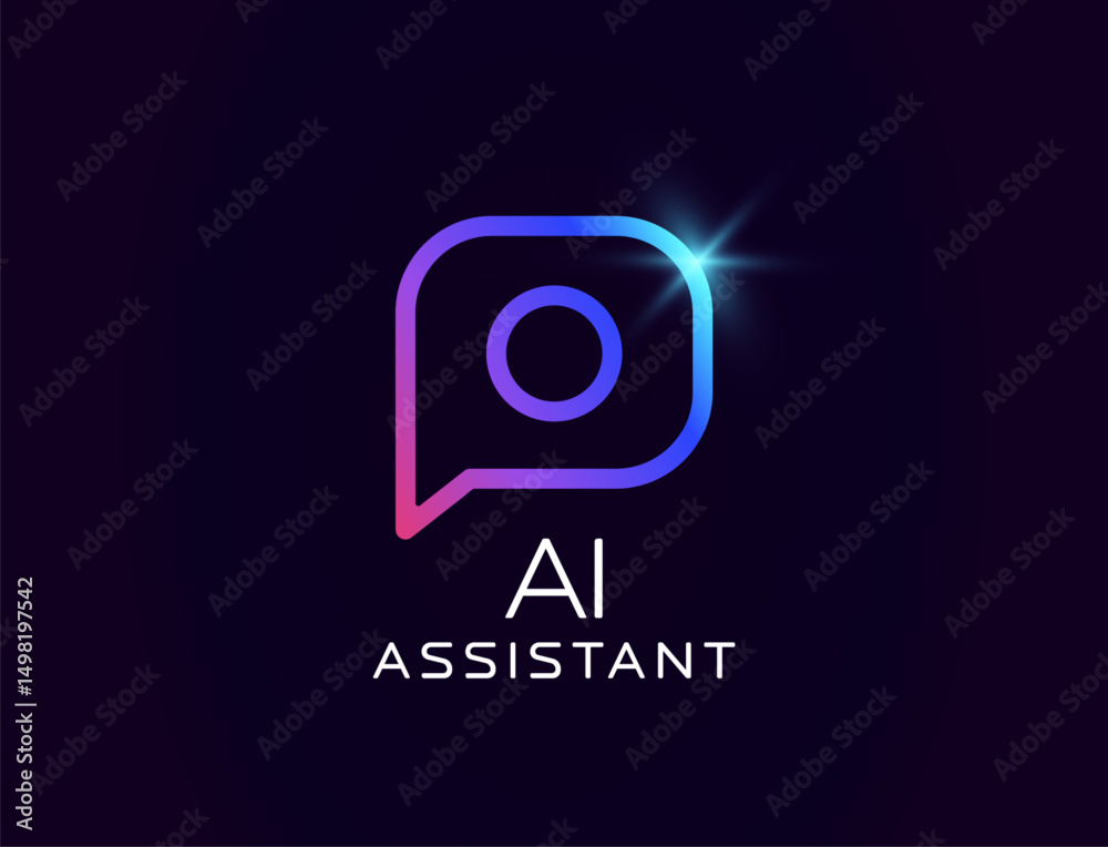 Poster AI assistant logo with glowing speech bubble and circular element, futuristic and clean design. Great for smart chat systems, customer support, tech platforms. Vector illustration