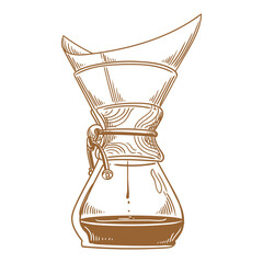 Hand-drawn illustration of a vintage coffee maker, lineart drawings for cafe menus, posters, cards, and graphic design.