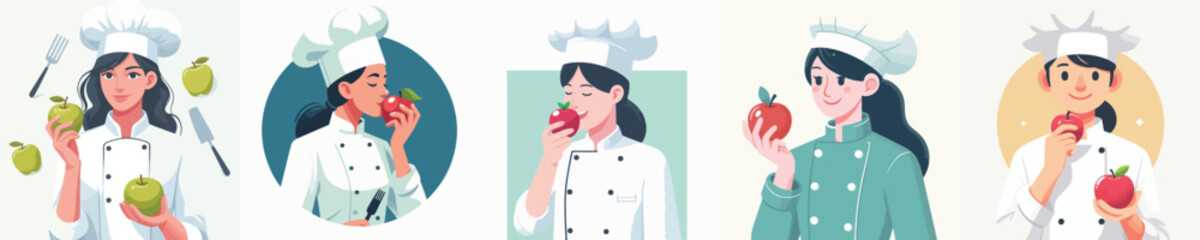 female chef character vector eating apple