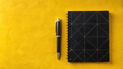 A Black Notebook with Gold Geometric Design and a Silver Pen on a Yellow Background
