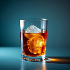 Glass of whiskey with ice cubes on reflective surface, illuminating golden brown liquor