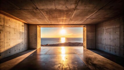 A concrete room with a large window framing a view of the ocean at sunset with the sun reflecting on the water and floor.
