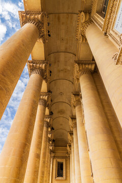 Malta, Mosta. The Sanctuary Basilica of the Assumption of Our Lady, or Rotunda of Mosta, 17th century Catholic church. Ionic columns from below.