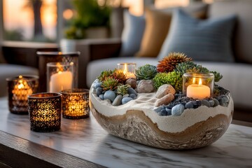 Cozy Living Room Centerpiece with Succulents Candles and Decorative Stones for Relaxation and