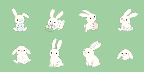 Funny Cute Doodle Bunny Set. Small cartoon Rabbit Character Collection. Baby Nursery Decoration Design. Kid Clothing Textile Element, White Hare with Egg Symbol. 