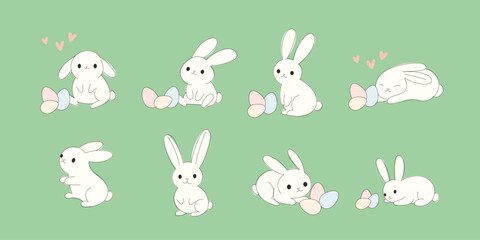 Funny Cute Doodle Bunny Set. Small cartoon Rabbit Character Collection. Baby Nursery Decoration Design. Kid Clothing Textile Element, White Hare with Egg Symbol. 