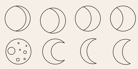 Graphic Moon Symbol Collection. Vintage Luna Star Sign Set. Boho Decoration Retro Style Contour Silhouette. Minimalist Outline Abstract Modern Line Art.