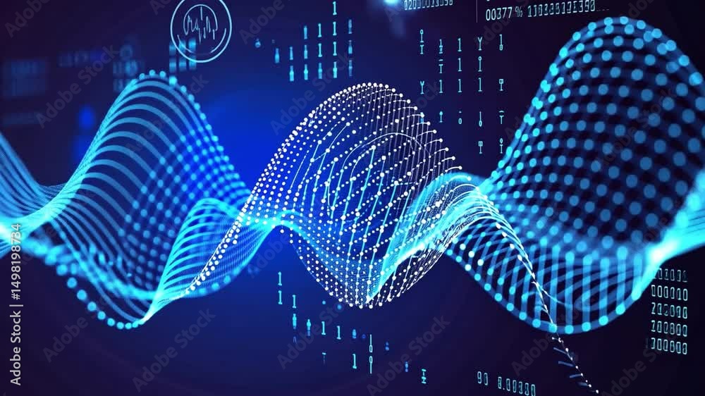 Aufkleber Vibrant digital wave pattern with flowing lines and binary code, showcasing technology and data visualization in mesmerizing display of innovation and connectivity.