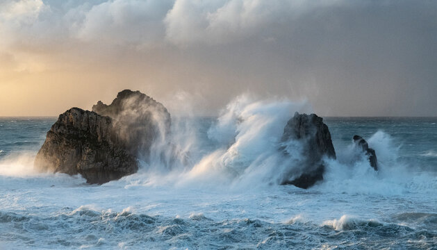 Spain, Liencres. Ocean waves and sea stack formations.