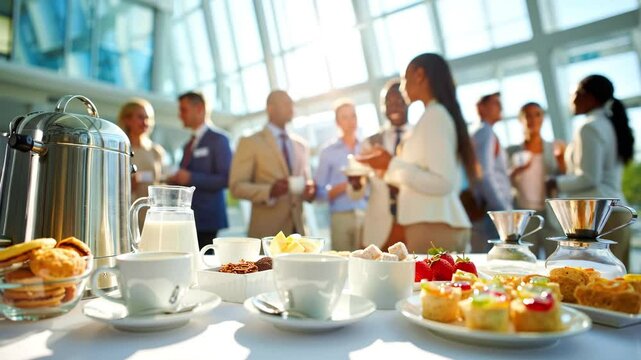 Business event coffee break: Networking professionals enjoy refreshments, pastries, and fruits at conference. Corporate catering, seminar social. 4K video footage