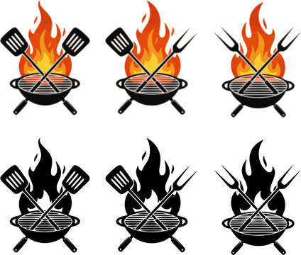 set of Grill fire emblem with crossed spatula and fork behind flame, perfect for barbecue logos, cookout designs, food truck branding or BBQ event.
