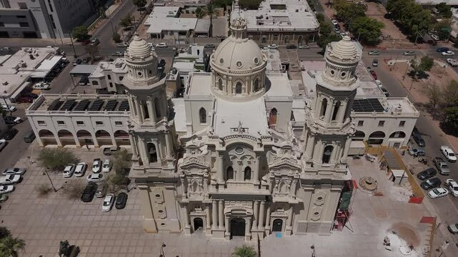 Drone shot surrounding the cathedral in Hermosillo, Sonora, Mexico