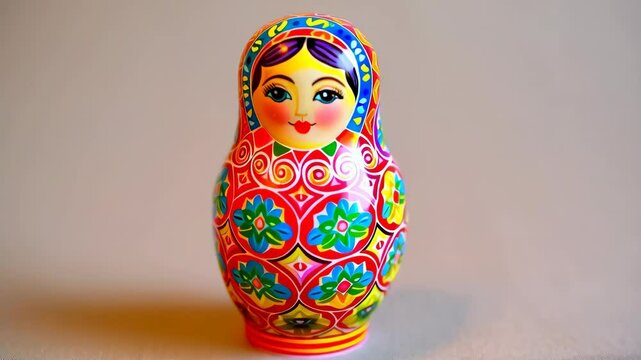 Traditional painted nesting doll with floral patterns and woman's face on neutral background, folk art, cultural souvenir, toy decoration.